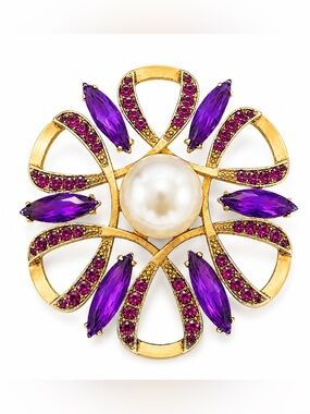 Gold Tone Faux Pearl & Purple Rhinestone Statement Brooch NEW. VTG Style